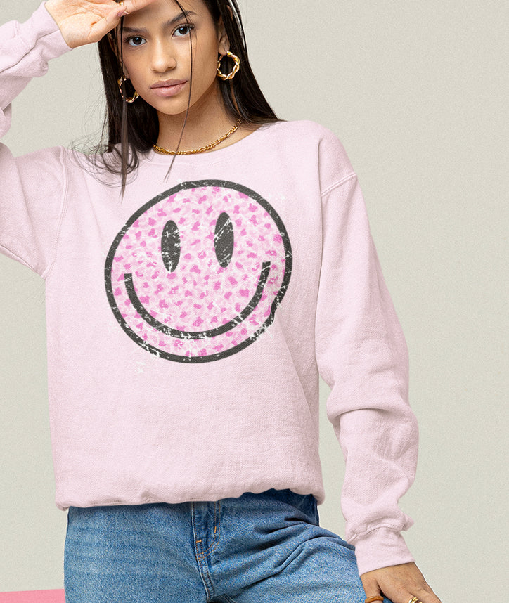 Smiley Leopard Long Sleeve Soft Pink Fleece Sweatshirt