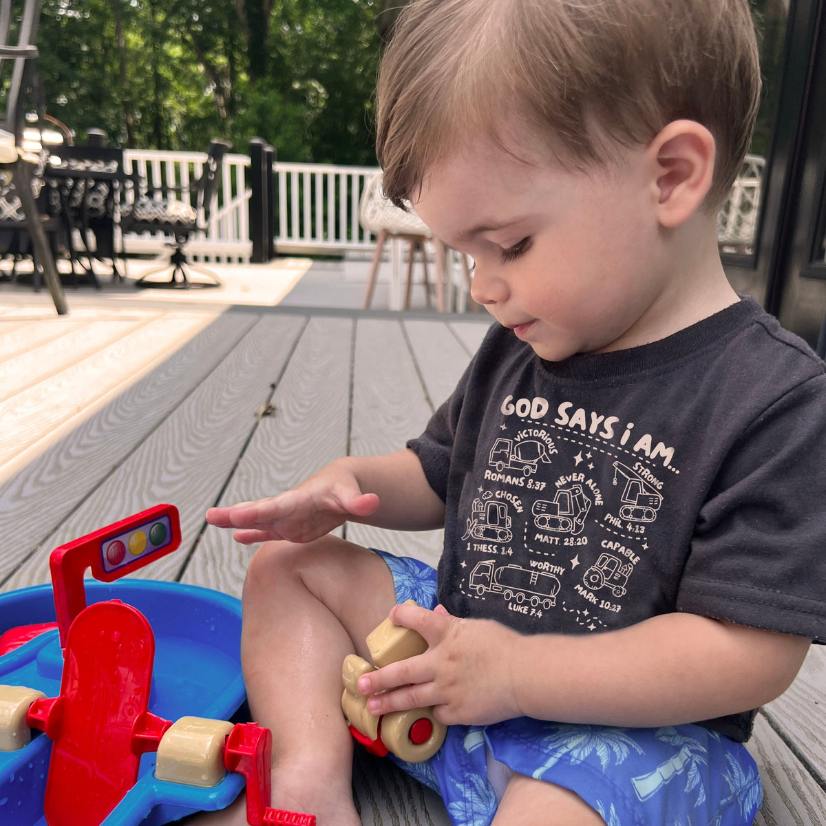 God says I am Trucks Kid's Christian Graphic Tee