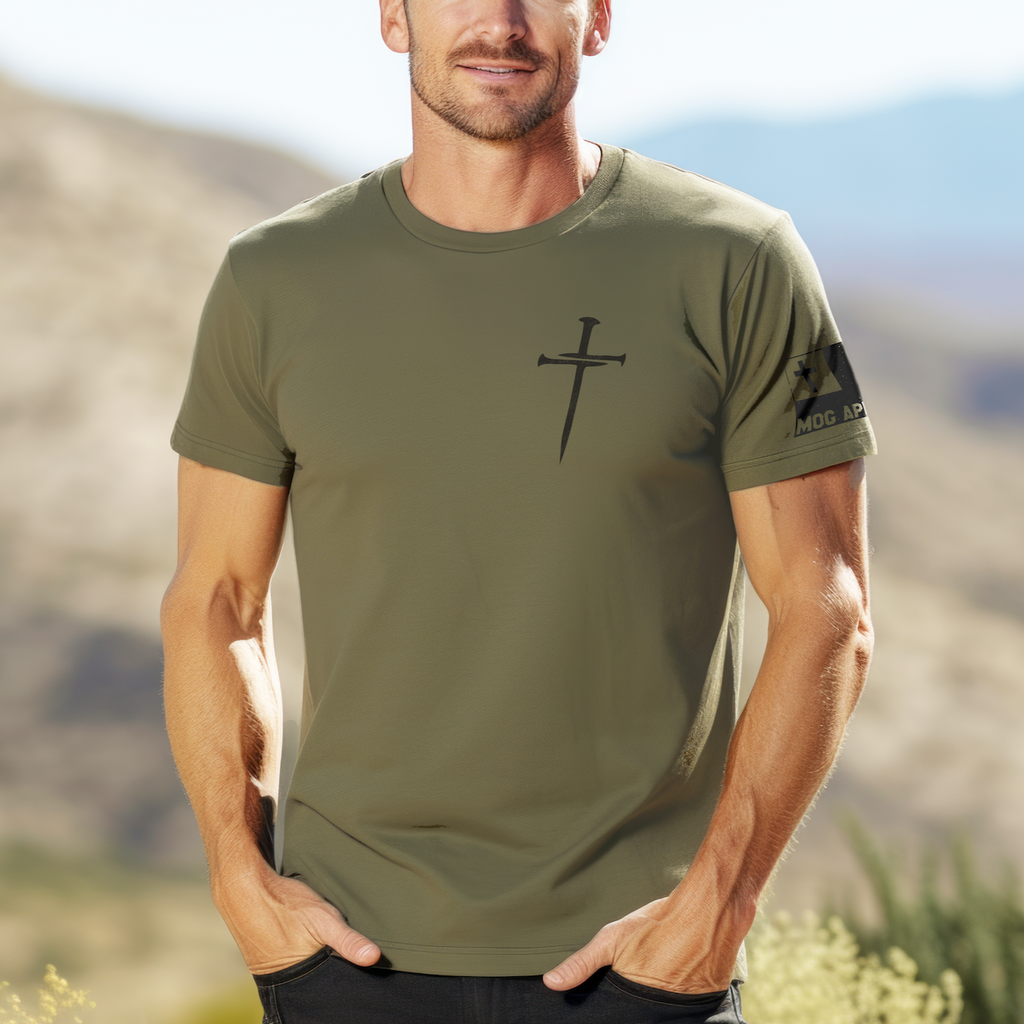 Three Nails Christian Graphic Tee - Heather Mil. Green