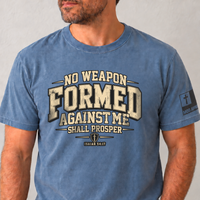 Blue Jean Comfor Colors Tee with No Weapon Formed Against Me Shall Prosper printed on the front and the MOG Apparel Flag Logo on the left sleeve.