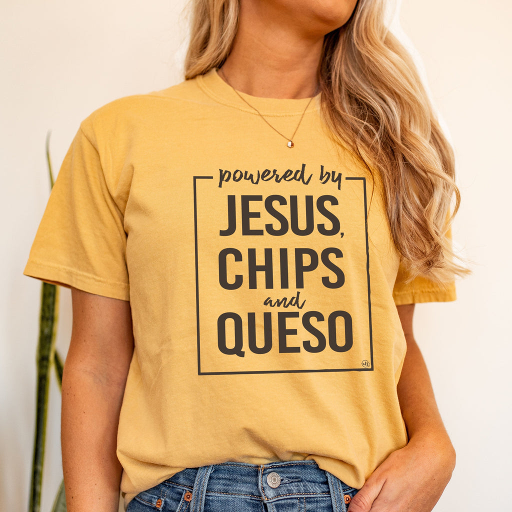 Powered By Jesus, Chips and Queso Comfort Wash Christian T-Shirt