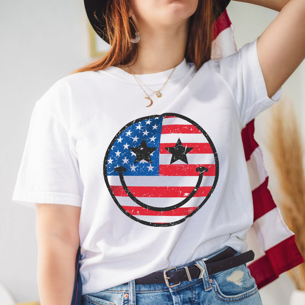 Smiley Face USA July 4th Flag Comfort Colors T-Shirt