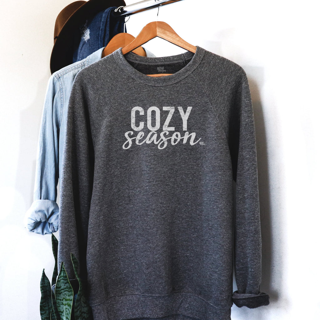Cozy Season White on Gray Long Sleeve Raglan Sponge Fleece Sweatshirt